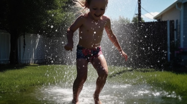 Ein junges Mädchen spielt in einer Wassersprinkleranlage.