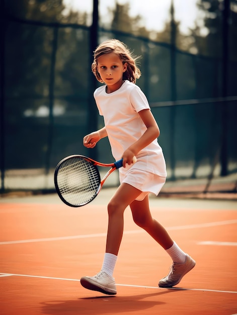 Ein junges Mädchen spielt Tennis auf dem Platz