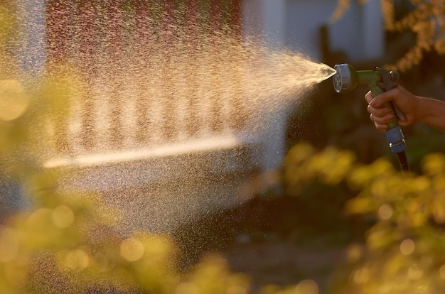 Ein junges Mädchen sprüht Wasser auf einen Zaun