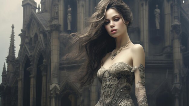Ein junges Mädchen steht hoch vor dem Turm im gotischen, dunklen und verzierten Stil