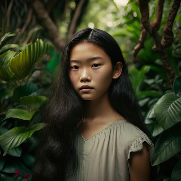 Ein junges Mädchen steht in einem Wald mit grünem Hintergrund und dem Wort Dschungel auf der Vorderseite.