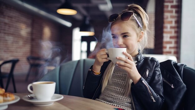 Ein junges Mädchen trinkt Kaffee in einem modischen Café