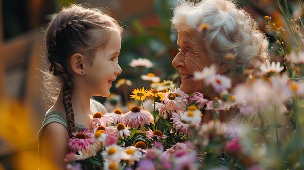 Ein junges Mädchen überrascht seine Großmutter süß mit einem Blumenstrauß Konzept Familienbindung Generationsliebe Blumenüberraschung Herzwerter Moment