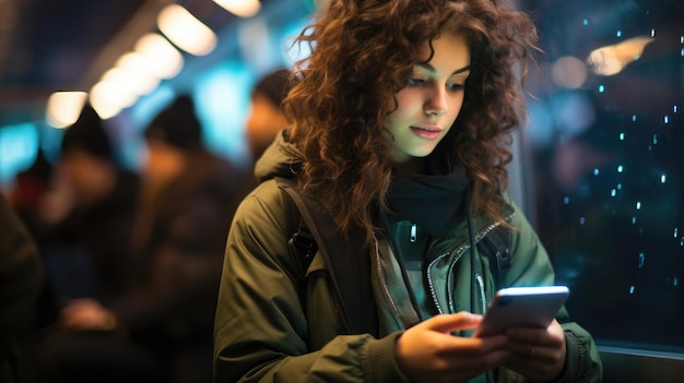 Ein junges Mädchen vertieft sich in ihr Telefon, während es im öffentlichen Bus sitzt