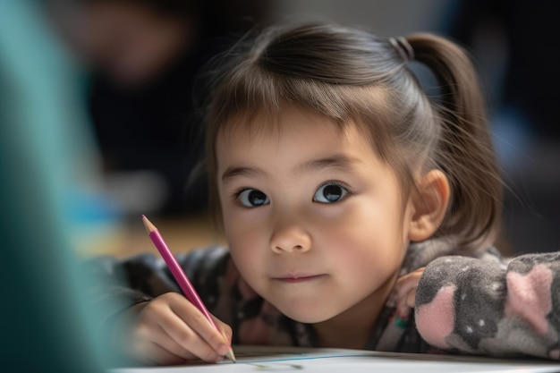 Ein junges Mädchen zeichnet auf Papier.
