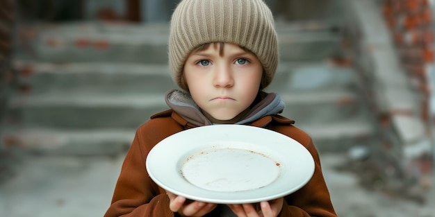 Foto ein junges obdachloses kind bittet um nahrung, um die drängenden probleme des hungers und der armut hervorzuheben