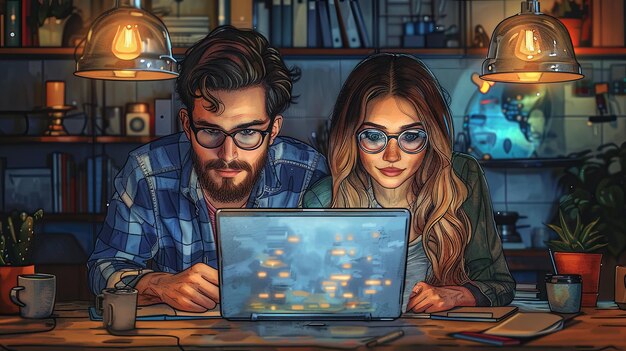 Ein junges Paar arbeitet nachts im Büro an einem Laptop. Digitale Malerei-Illustration