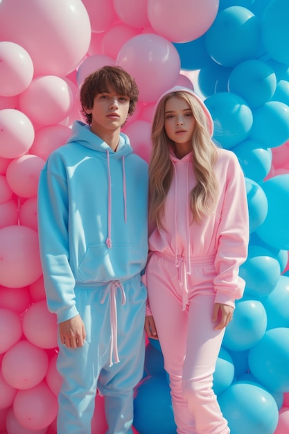 Ein junges Paar auf einem Hintergrund von rosa und blauen Ballons Gender-Party