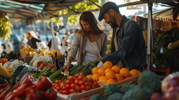 Ein junges Paar, das auf einem Bauernmarkt frische Produkte kauft. Sie lächeln und scheinen sich an ihrem Gespräch zu erfreuen.