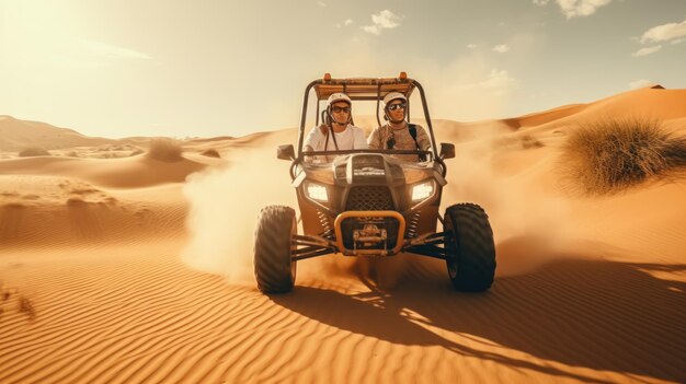 Ein junges Paar fährt in einem Buggy durch die Wüste in den VAE