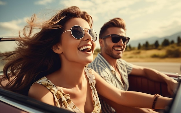 Ein junges Paar fährt in einem Cabriolet und amüsiert sich an einem sonnigen Tag auf der Straße