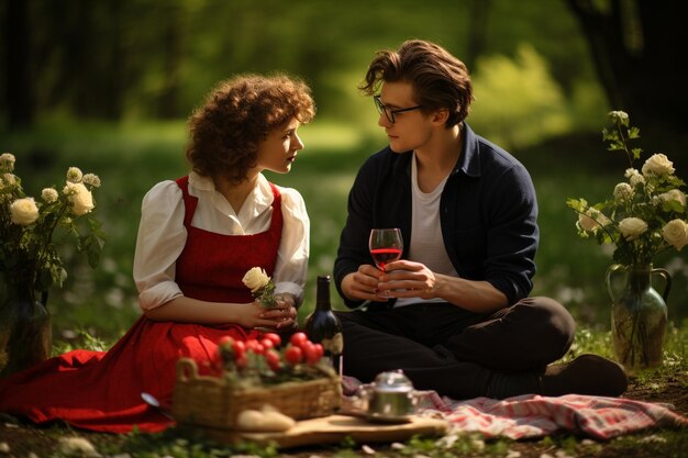 Ein junges Paar im Park im Freien macht ein Picknick