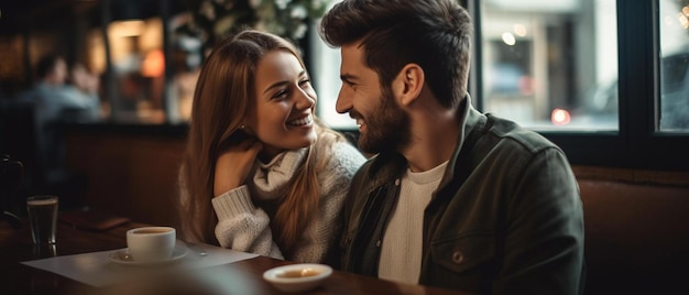 ein junges Paar in einem Café, von dem einer lächelt und der andere sie anschaut