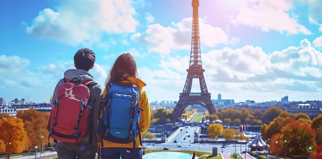 Foto ein junges paar in paris mit dem eiffelturm im hintergrund