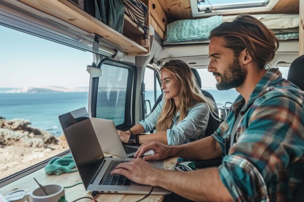 Ein junges Paar konzentriert sich auf ihre Laptops in einem gemütlichen Wohnwagen mit Blick auf das Meer