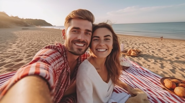 Ein junges Paar posiert romantisch für ein Foto, während es am Strand ein Picknick macht