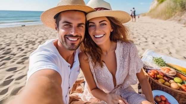 Ein junges Paar posiert romantisch für ein Foto, während es am Strand ein Picknick macht
