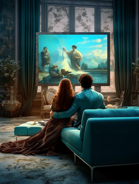 ein junges Paar schaut sich einen Film an, der in der Couch liegt