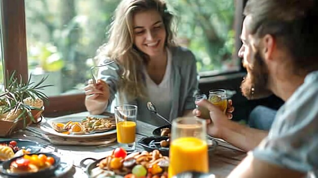 Foto ein junges paar sitzt an einem tisch und isst frühstück, die frau lächelt und schaut den mann an, der mann schaut die frau an und lächelt.