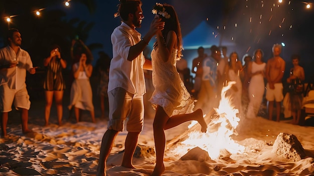 Ein junges Paar tanzt bei einem Lagerfeuer auf dem Strand. Der Mann trägt ein weißes Hemd und braune Shorts. Die Frau trägt ein weißes Kleid und eine Blumenkrone.