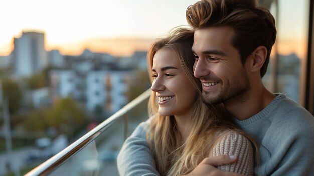 Ein junges Paar umarmt sich auf einem Balkon, der eine Wohnsiedlung bewirbt