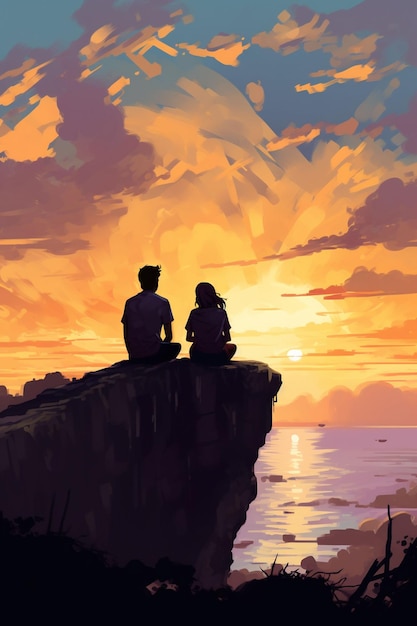 Ein junges Paar umarmt sich und beobachtet den Sonnenuntergang am Strand