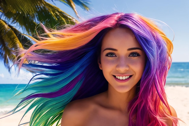 Ein junges, schönes lächelndes Mädchen mit Regenbogenhaar steht am Meeresstrand vor dem Hintergrund der Meereswellen. Der Wind bläst die Frisur Generative AI