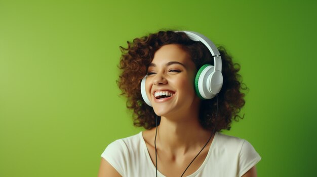 Ein junges schönes Mädchen, das Musik hört, lächelt und lacht vor Glück auf einem grünen Hintergrund