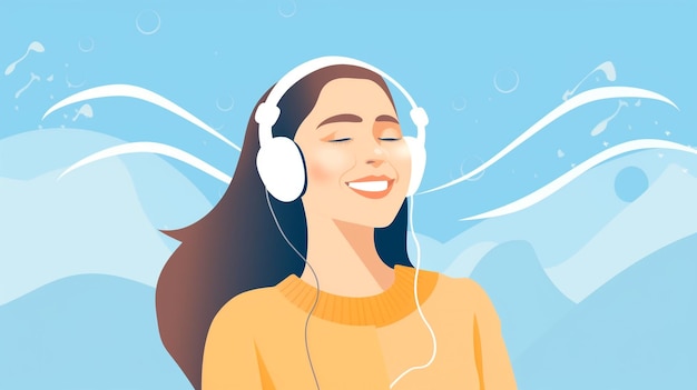 Ein junges schönes Mädchen, das Musik hört, lächelt und lacht vor Glück. Blauer Hintergrund