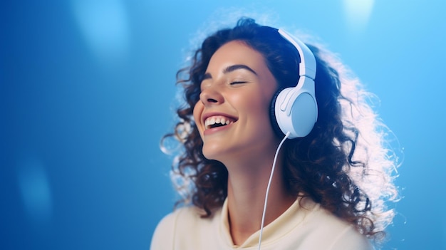 Ein junges schönes Mädchen, das Musik hört, lächelt und lacht vor Glück. Blauer Hintergrund