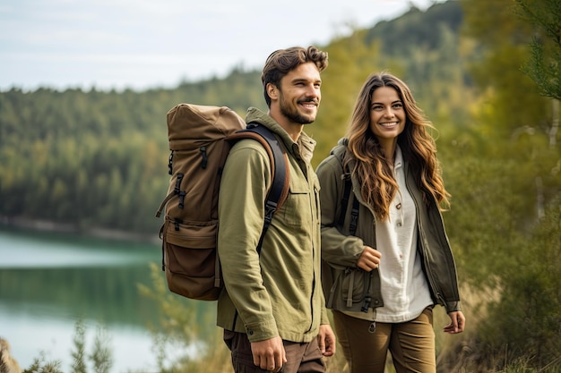 Ein junges, schönes Paar mit Wanderrucksäcken geht wandern.