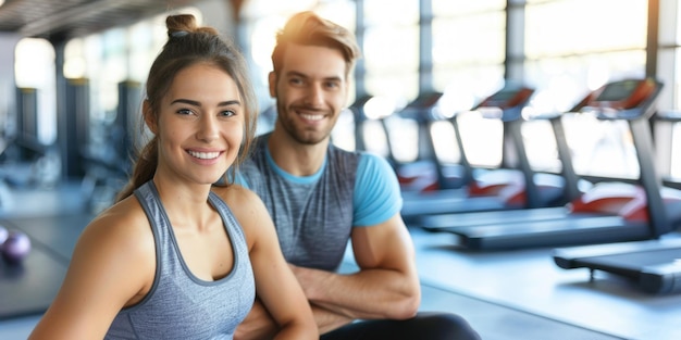 Ein junges, sportliches, glückliches Paar im Fitnessstudio. Eine Frau und ein Mann trainieren Fitness und führen einen gesunden Lebensstil.