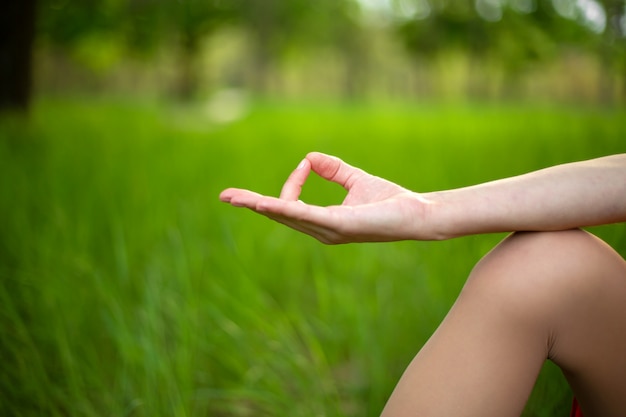 Ein junges Sportmädchen praktiziert Yoga an einem ruhigen Ort am Ufer des Flusses im Sommer in einer Yoga-Asana-Haltung. Meditation und Einheit mit der Natur