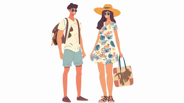 Ein junges, stilvolles Paar in moderner Kleidung, isoliert auf Weiß, ein junger Mann in Shorts und eine Frau in einem Kleid, eine flache moderne Illustration in der Sommersaison.