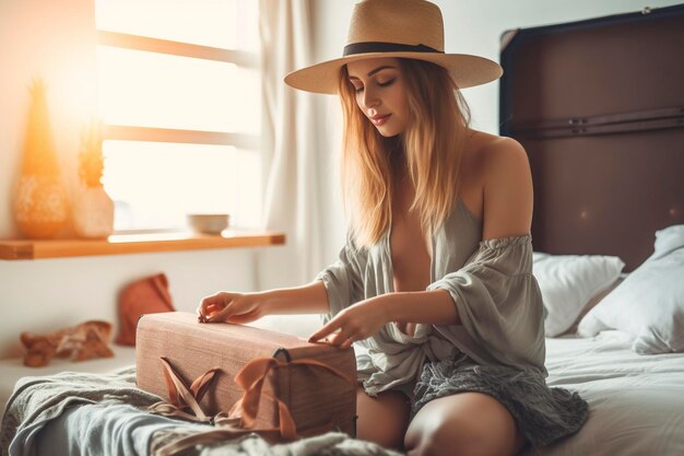 Ein junges und sexy Mädchen öffnet ein Überraschungspaket auf ihrem schönen Bett