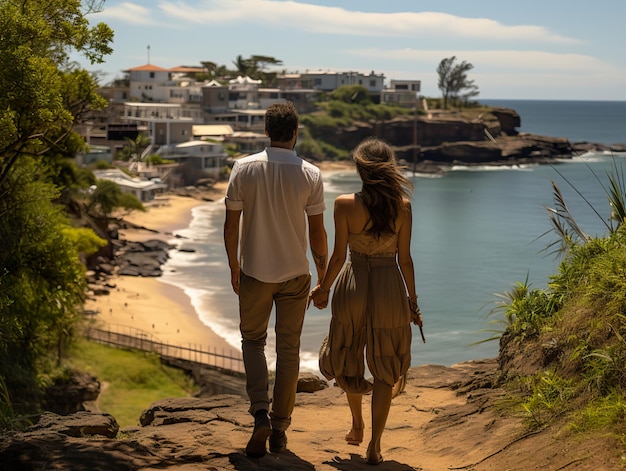 Ein junges verliebtes Paar geht entlang der Küste.