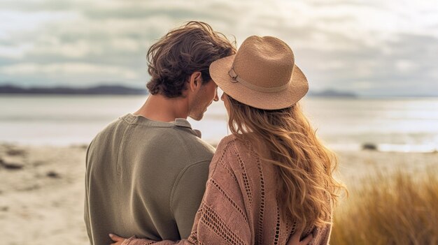 Ein junges verliebtes Paar küsst sich am Sonnenuntergang am Strand, ein Mann und eine Frau umarmen sich am Strand.