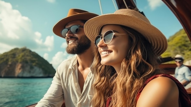 Ein junges verliebtes Paar segelt auf einem traditionellen Holzboot in Thailand