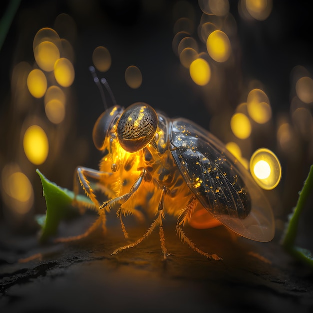 Ein Käfer mit dem Licht darauf wird mit gelben Lichtern dahinter beleuchtet.