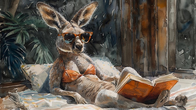 Ein Känguru in einem Bikini, der sich auf einem Strandhandtuch entspannt und ein Buch hinter Sonnenbrillen in einer ruhigen Umgebung liest