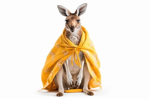 ein Känguru in einem gelben Regenmantel, der sich hinsetzt