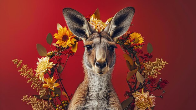 Ein Känguru sitzt auf einem Blumenfeld, der Känguru schaut in die Kamera, die Blumen sind farbenfroh und hell, der Hintergrund ist rot.