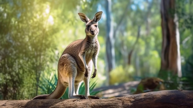 Ein Känguru steht auf einem Baumstamm in einem Wald