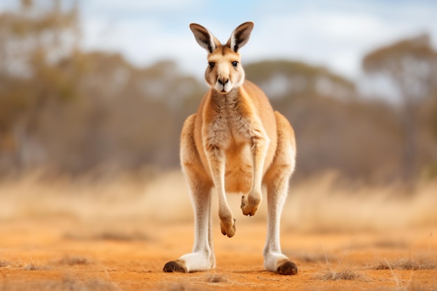 Ein Känguru steht auf einem unbefestigten Feld mit Bäumen im Hintergrund