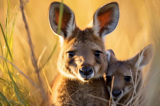 Ein Känguru und ein Babykänguru sind im hohen Gras