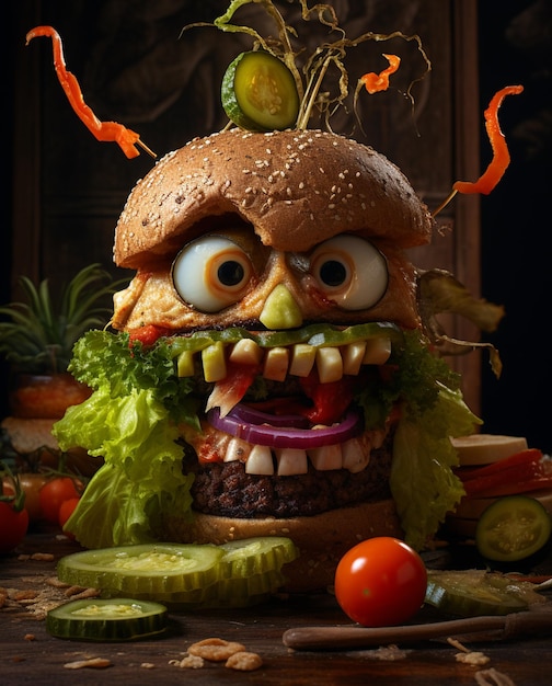 Ein Käse-Burger mit Speck-Salat und Gurken auf blauem Hintergrund Bilder frei