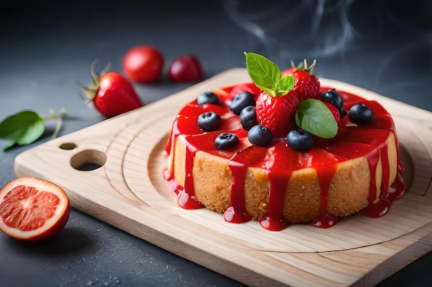 Ein Käsekuchen mit Beeren auf einem Holzbrett