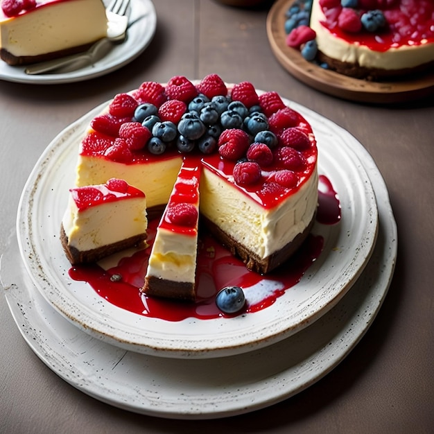 Ein Käsekuchen mit Beeren darauf ist auf einem Teller.