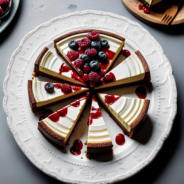 Ein Käsekuchen mit Beeren darauf ist auf einem Teller.