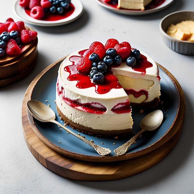 Ein Käsekuchen mit Beeren darauf und ein Löffel auf einem Holztablett.